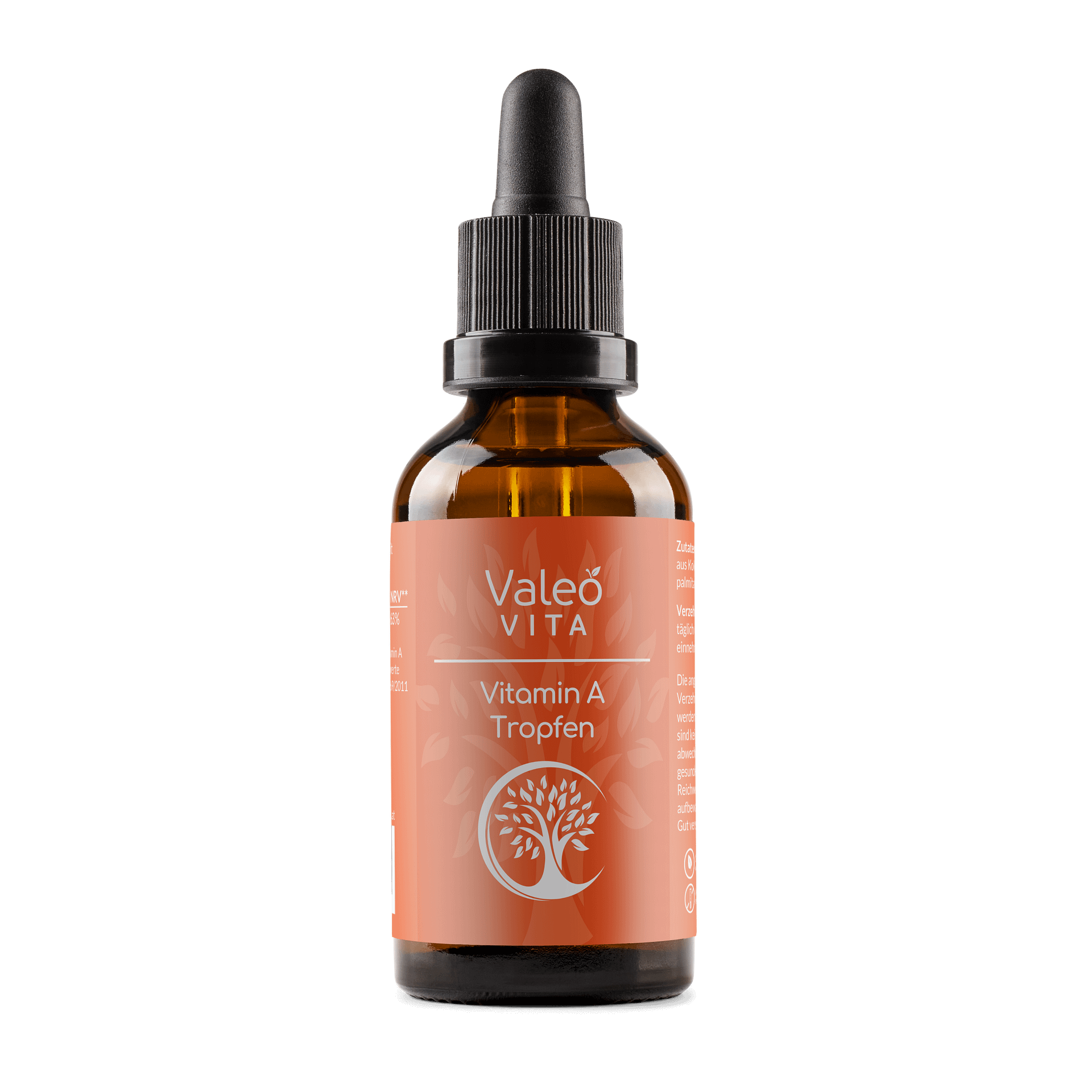 Braunglasflasche mit Pipette von Valeo Vita Vitamin A Tropfen vor schwarzem Hintergrund